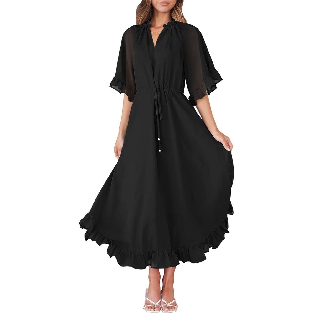 Women's Summer Ruffle Maxi Dress Floral Print 3/4 Bell Sleeve V Neck High Waist